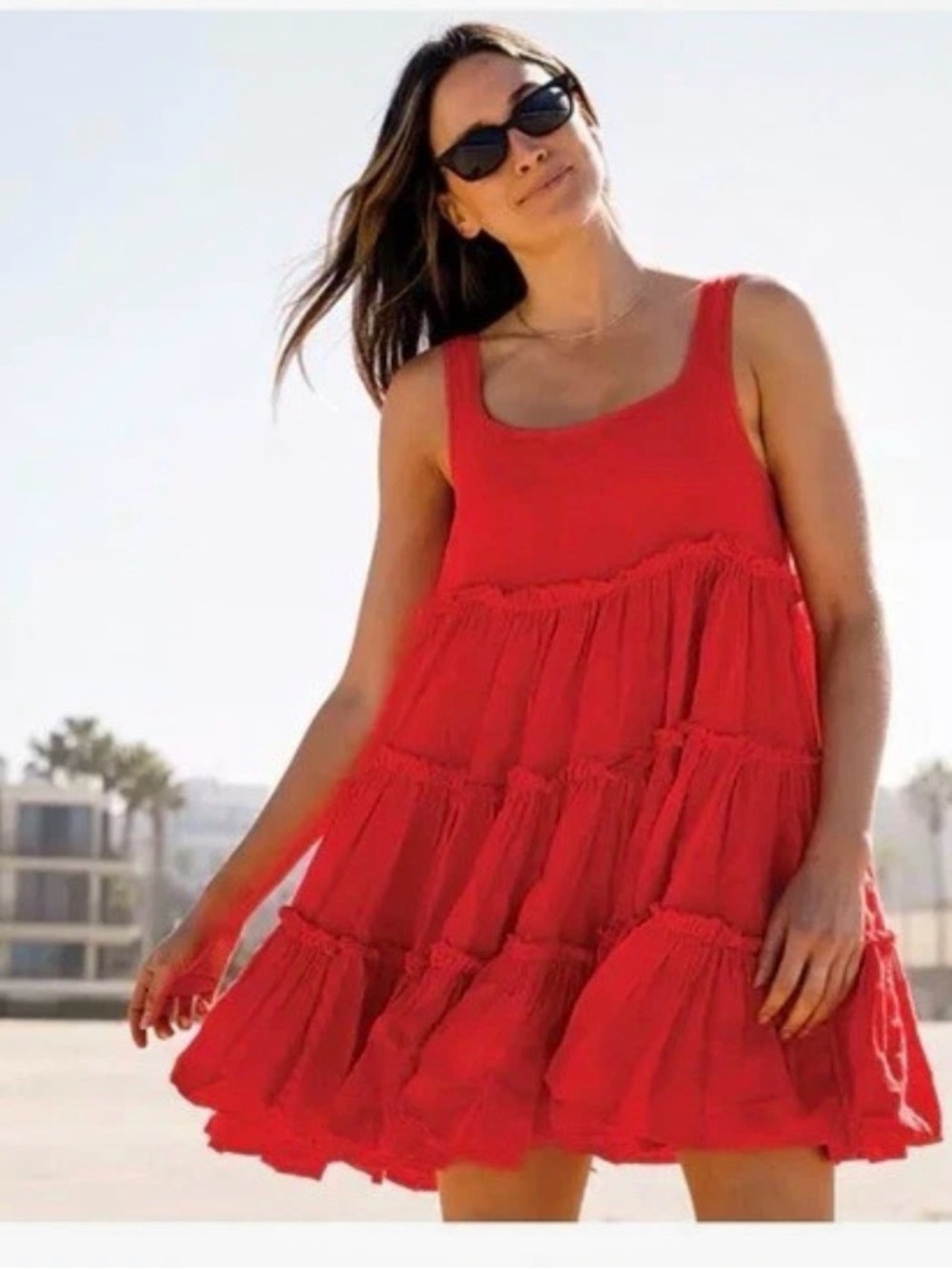 Left On Friday Half Day Ruffle Tier Linen Mini Dress in Flame (Red) Size Small